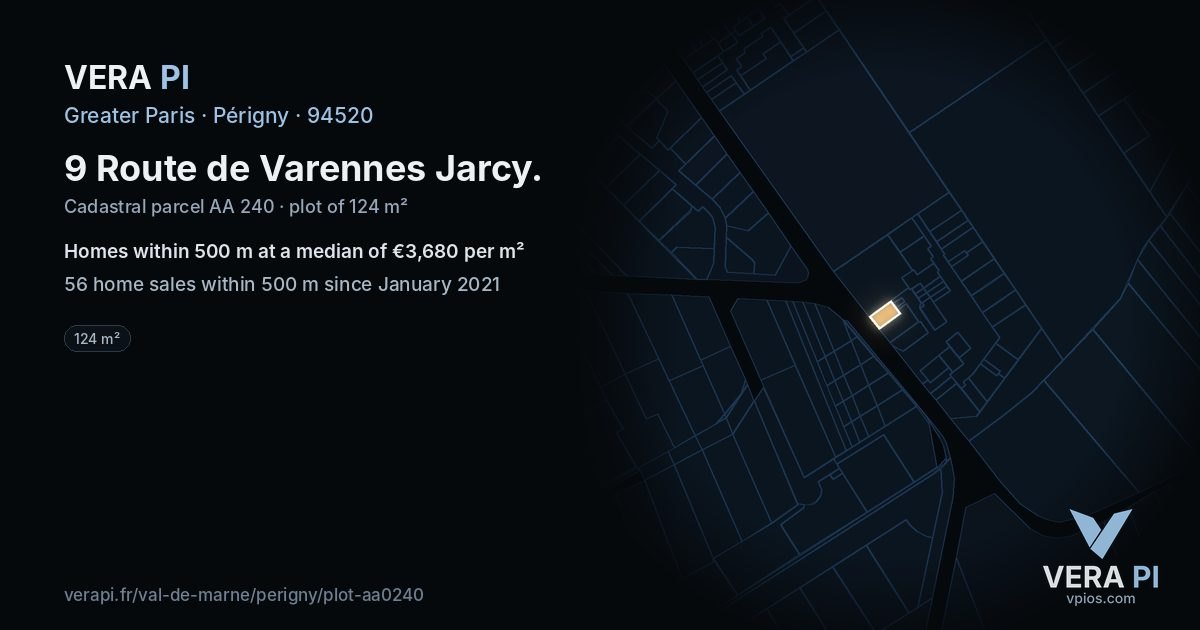 9 Route de Varennes Jarcy, Périgny at night – the plot lit, the parcels around coloured by the prices near them