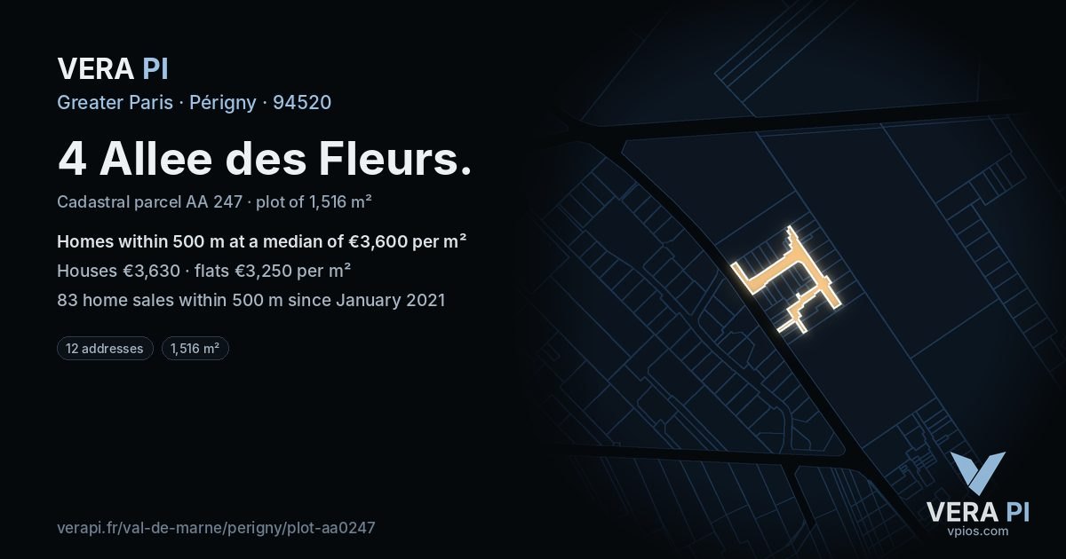 4 Allee des Fleurs, Périgny at night – the plot lit, the parcels around coloured by the prices near them