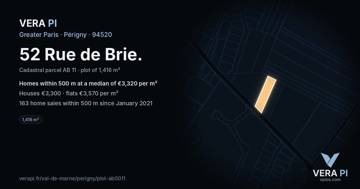 52 Rue de Brie, Périgny at night – the plot lit, the parcels around coloured by the prices near them
