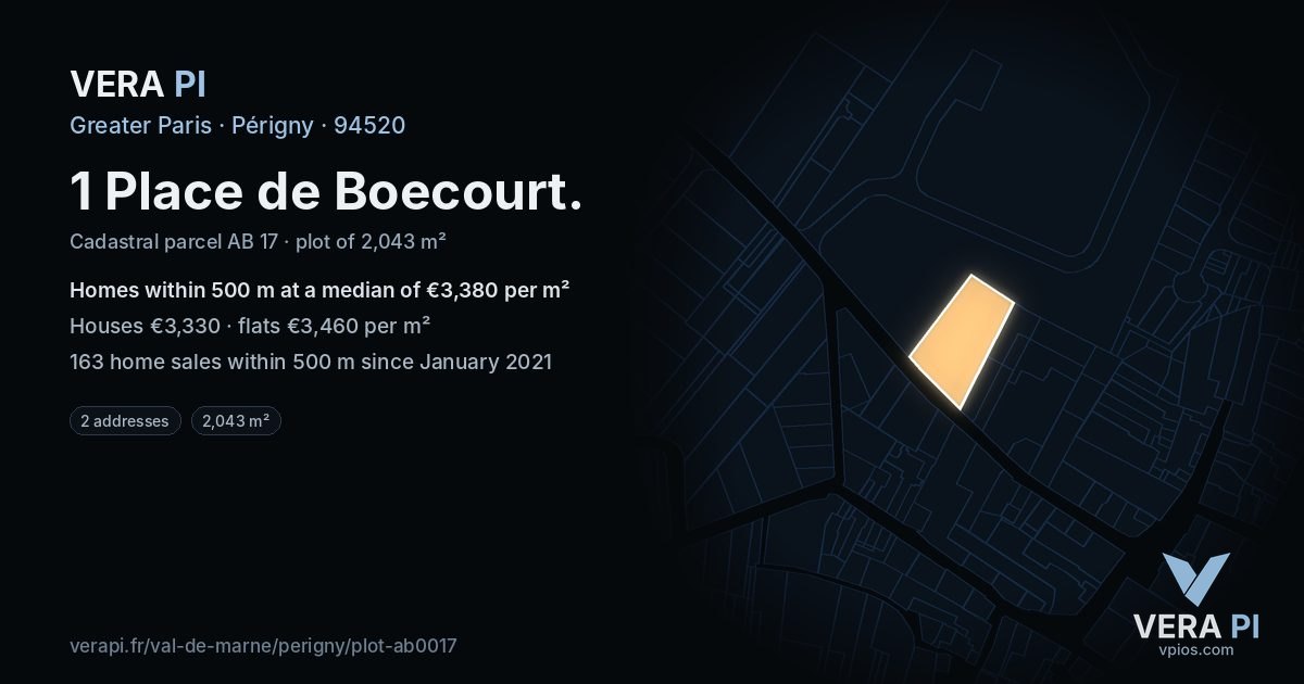 1 Place de Boecourt, Périgny at night – the plot lit, the parcels around coloured by the prices near them