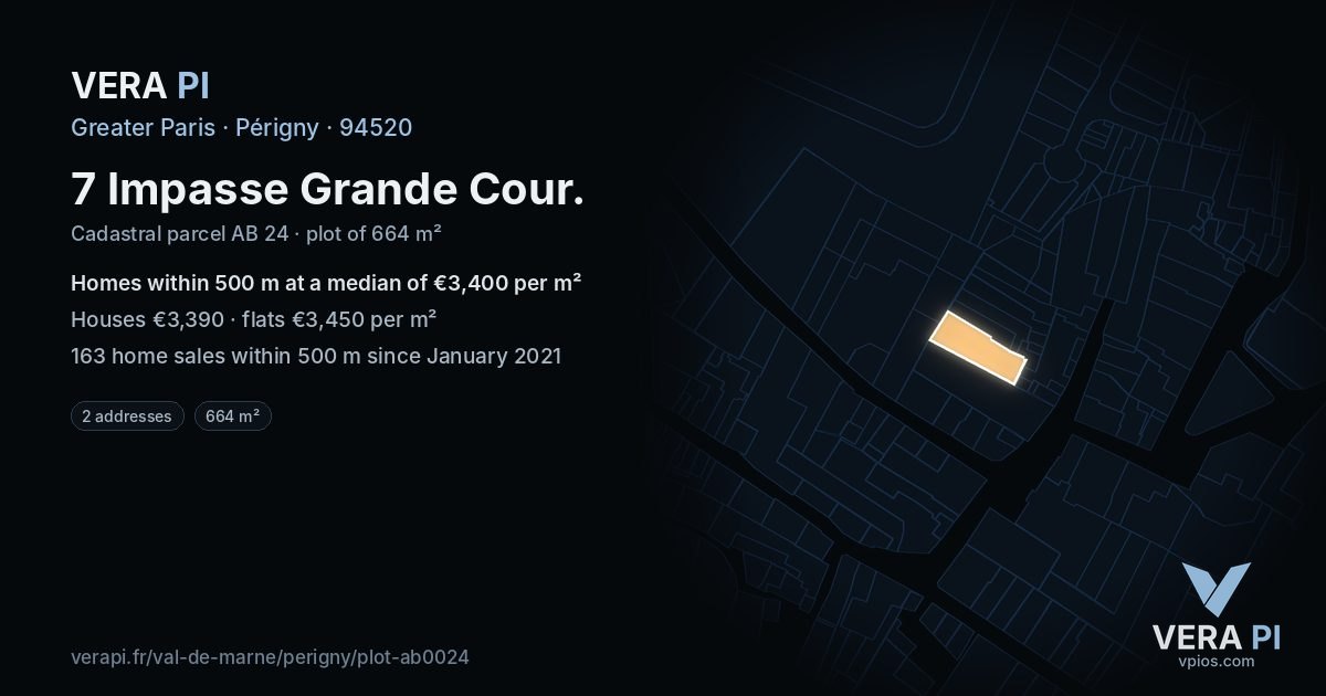 7 Impasse Grande Cour, Périgny at night – the plot lit, the parcels around coloured by the prices near them