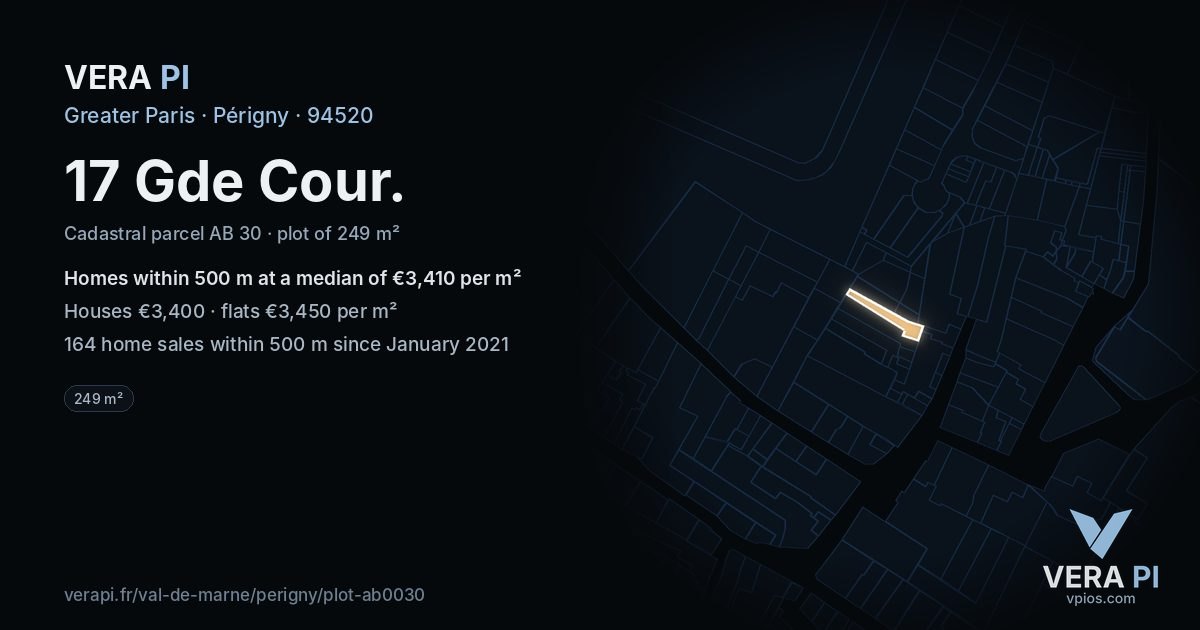 17 Gde Cour, Périgny at night – the plot lit, the parcels around coloured by the prices near them
