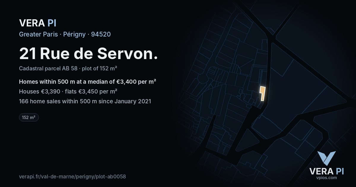 21 Rue de Servon, Périgny at night – the plot lit, the parcels around coloured by the prices near them