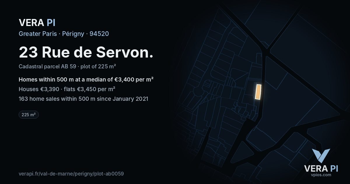23 Rue de Servon, Périgny at night – the plot lit, the parcels around coloured by the prices near them