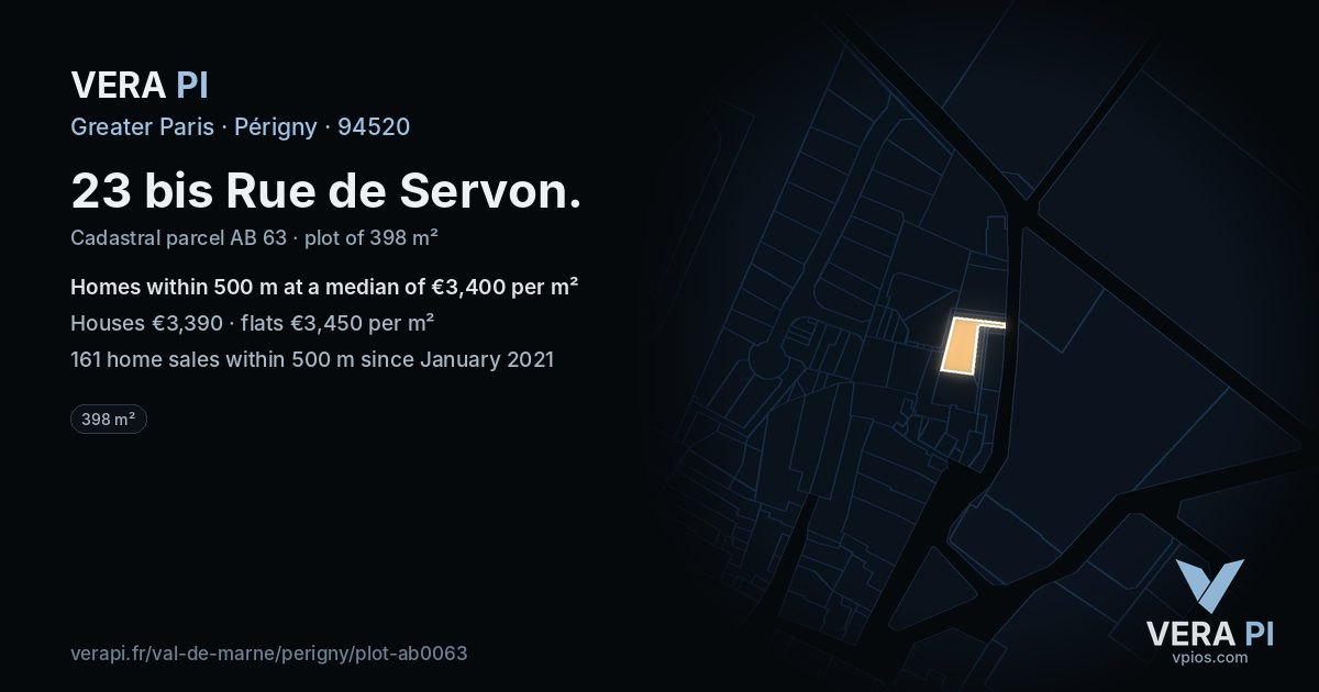 23 bis Rue de Servon, Périgny at night – the plot lit, the parcels around coloured by the prices near them