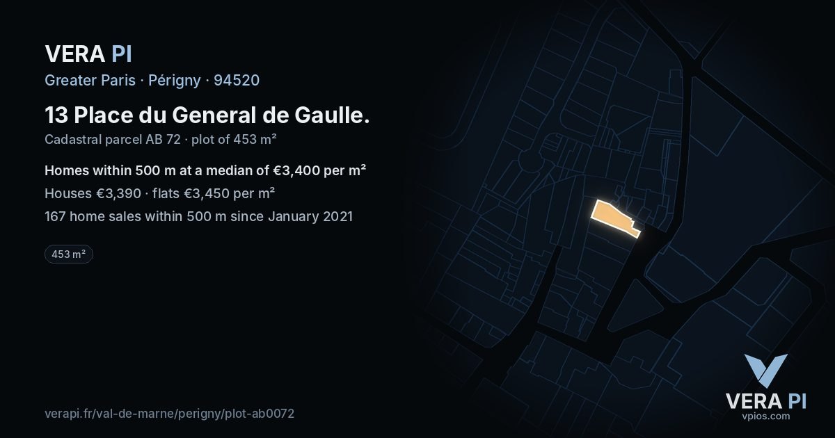 13 Place du General de Gaulle, Périgny at night – the plot lit, the parcels around coloured by the prices near them