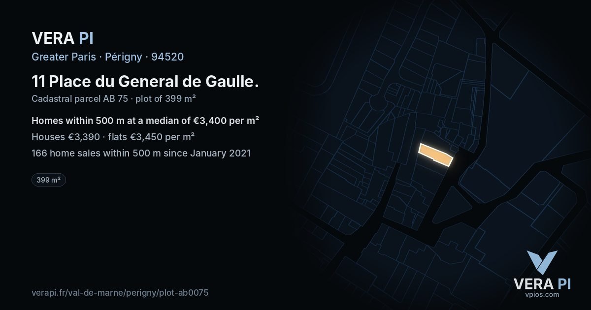 11 Place du General de Gaulle, Périgny at night – the plot lit, the parcels around coloured by the prices near them