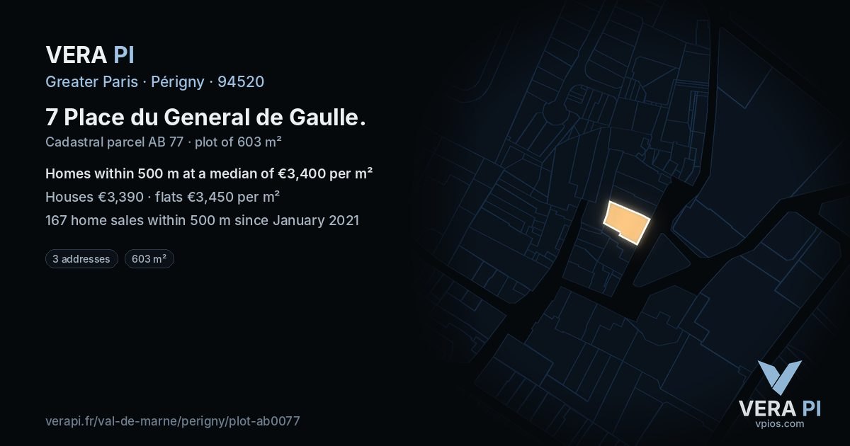 7 Place du General de Gaulle, Périgny at night – the plot lit, the parcels around coloured by the prices near them