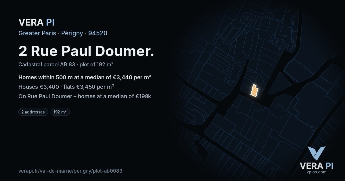 2 Rue Paul Doumer, Périgny at night – the plot lit, the parcels around coloured by the prices near them
