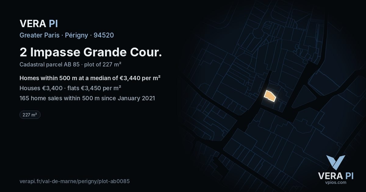 2 Impasse Grande Cour, Périgny at night – the plot lit, the parcels around coloured by the prices near them