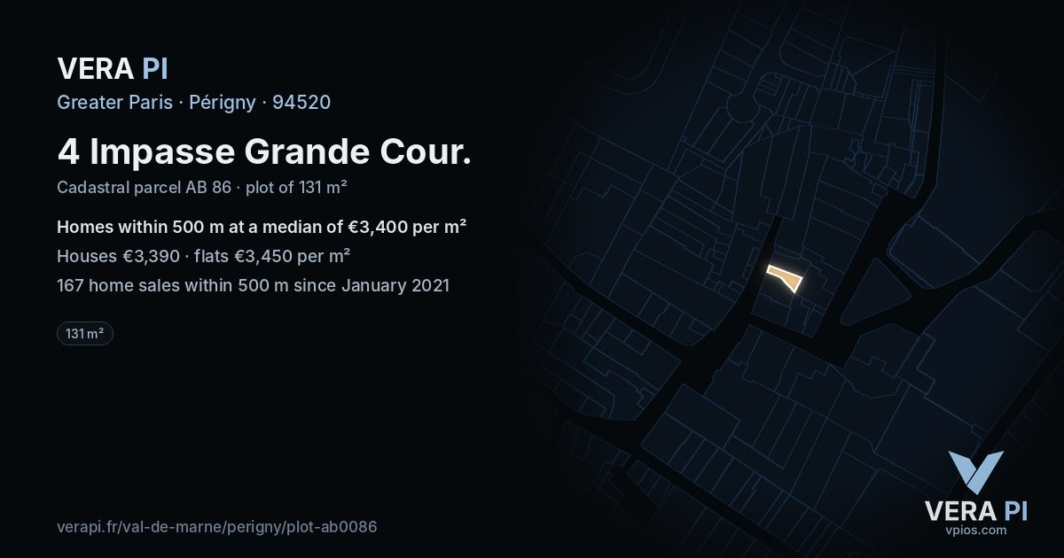 4 Impasse Grande Cour, Périgny at night – the plot lit, the parcels around coloured by the prices near them