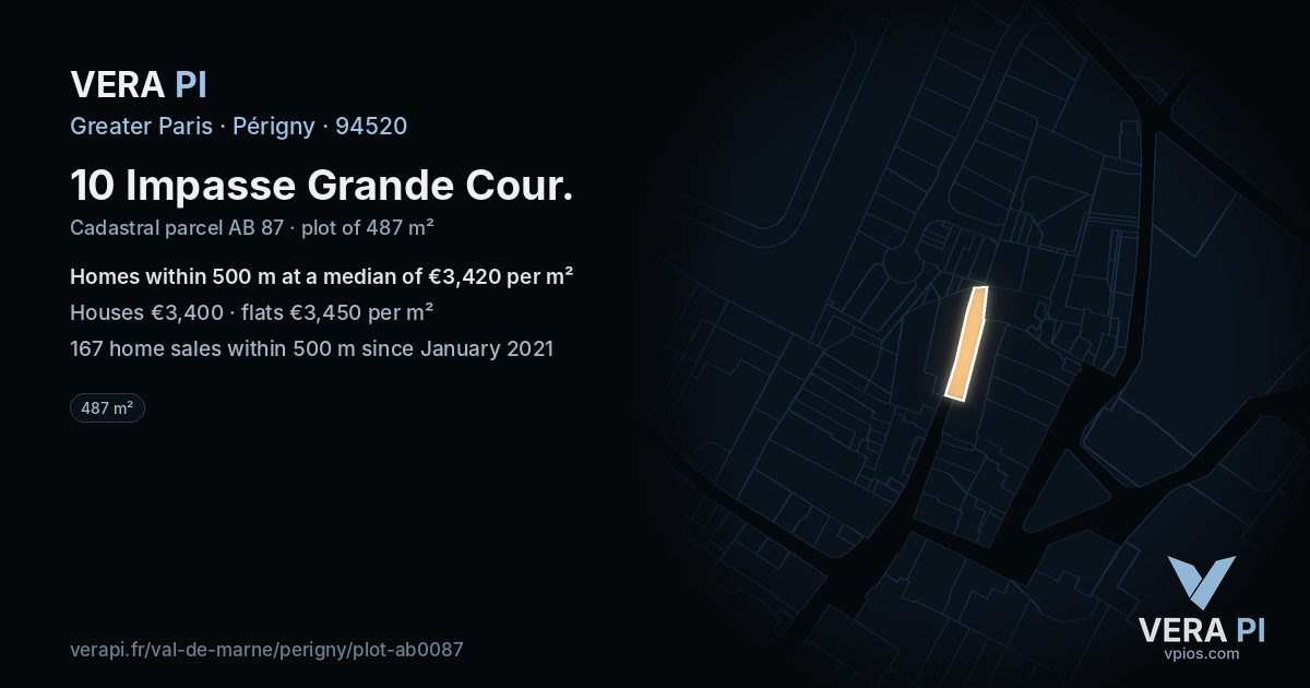 10 Impasse Grande Cour, Périgny at night – the plot lit, the parcels around coloured by the prices near them