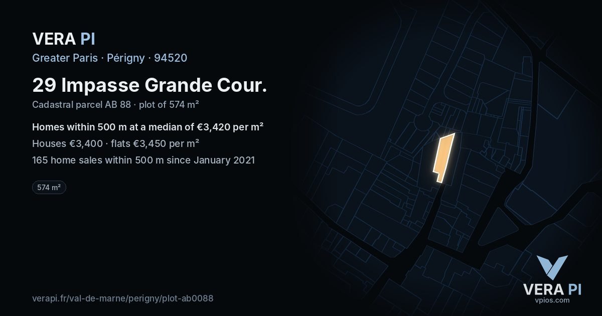 29 Impasse Grande Cour, Périgny at night – the plot lit, the parcels around coloured by the prices near them