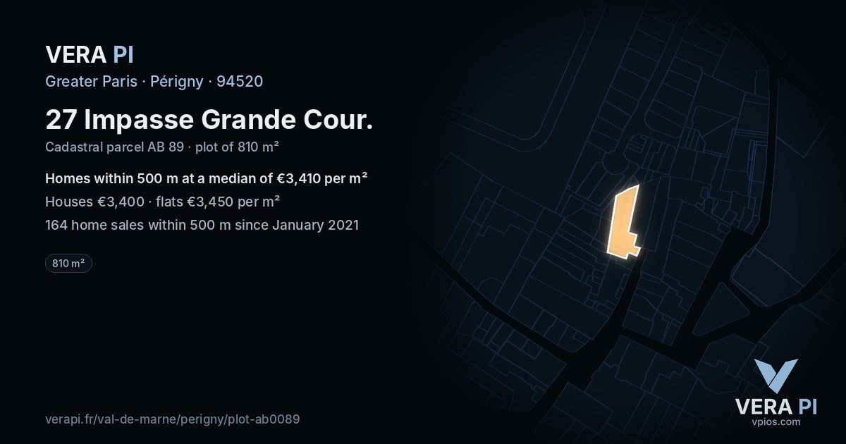 27 Impasse Grande Cour, Périgny at night – the plot lit, the parcels around coloured by the prices near them
