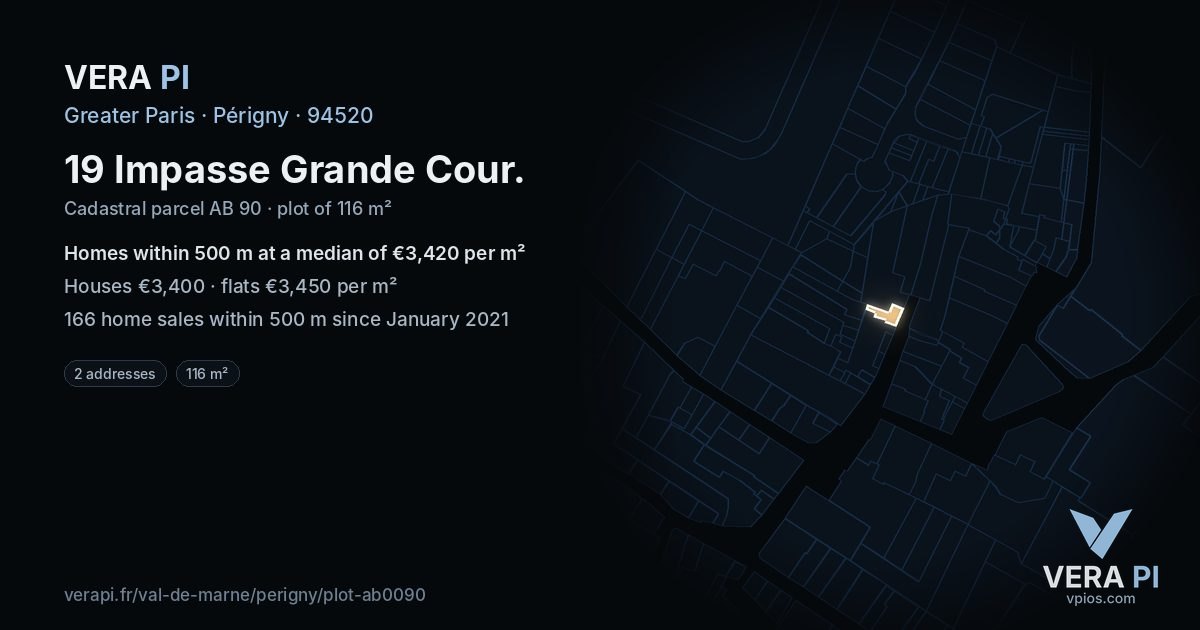 19 Impasse Grande Cour, Périgny at night – the plot lit, the parcels around coloured by the prices near them