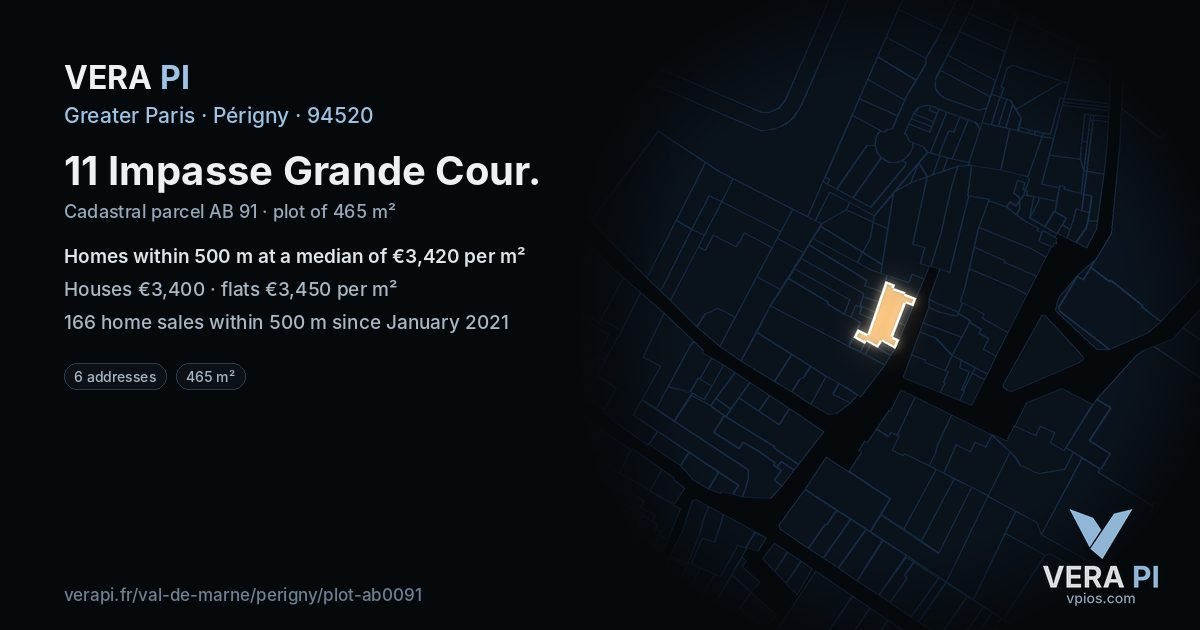11 Impasse Grande Cour, Périgny at night – the plot lit, the parcels around coloured by the prices near them