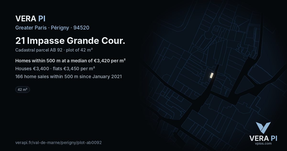 21 Impasse Grande Cour, Périgny at night – the plot lit, the parcels around coloured by the prices near them