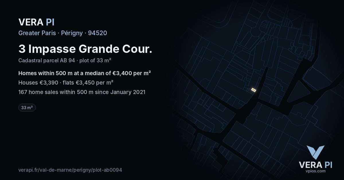 3 Impasse Grande Cour, Périgny at night – the plot lit, the parcels around coloured by the prices near them