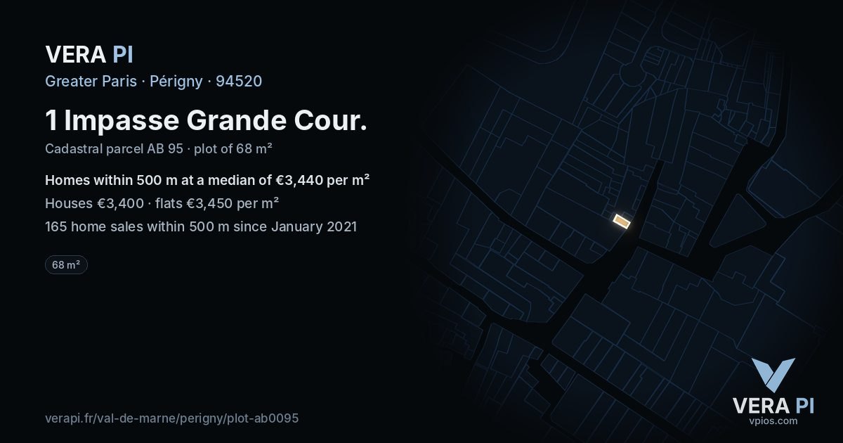 1 Impasse Grande Cour, Périgny at night – the plot lit, the parcels around coloured by the prices near them