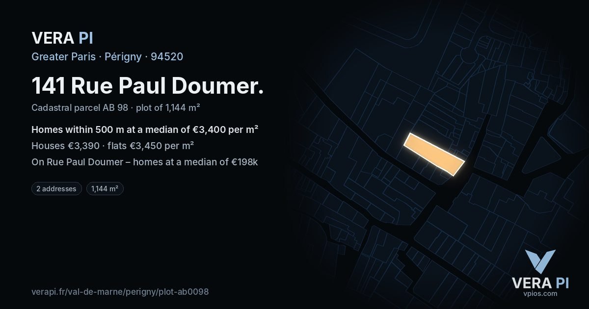 141 Rue Paul Doumer, Périgny at night – the plot lit, the parcels around coloured by the prices near them