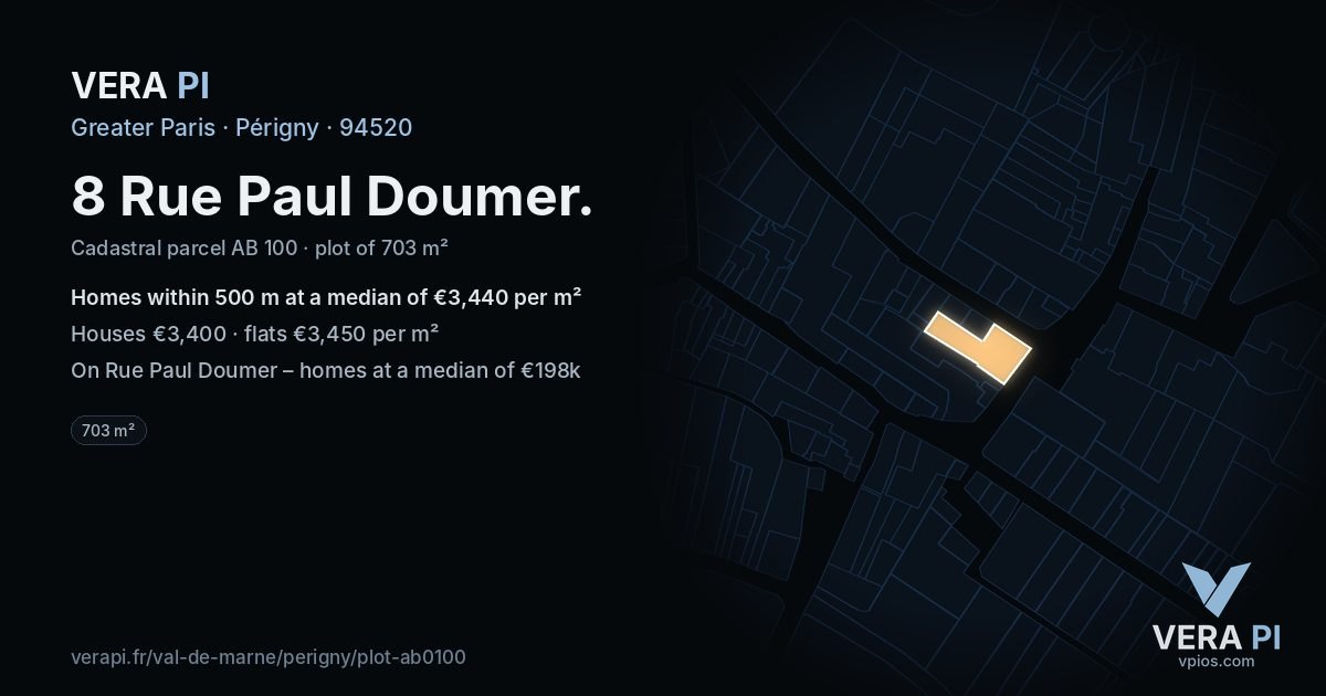 8 Rue Paul Doumer, Périgny at night – the plot lit, the parcels around coloured by the prices near them
