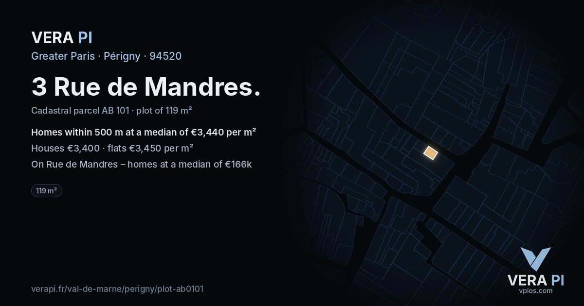 3 Rue de Mandres, Périgny at night – the plot lit, the parcels around coloured by the prices near them
