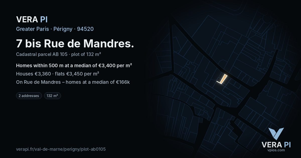7 bis Rue de Mandres, Périgny at night – the plot lit, the parcels around coloured by the prices near them