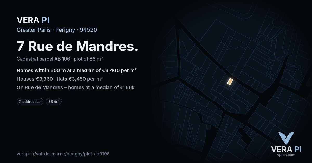 7 Rue de Mandres, Périgny at night – the plot lit, the parcels around coloured by the prices near them