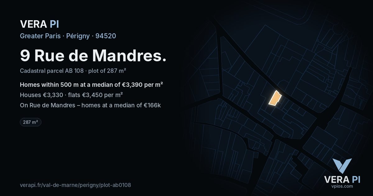 9 Rue de Mandres, Périgny at night – the plot lit, the parcels around coloured by the prices near them
