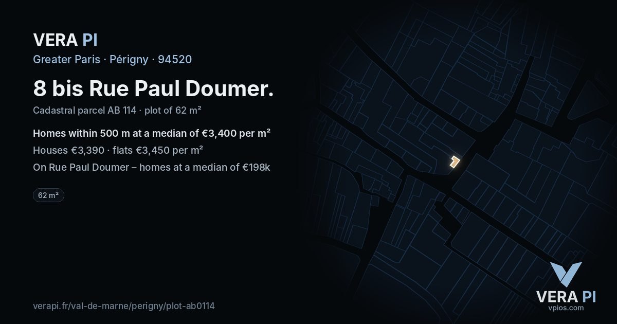 8 bis Rue Paul Doumer, Périgny at night – the plot lit, the parcels around coloured by the prices near them