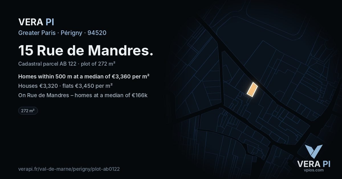 15 Rue de Mandres, Périgny at night – the plot lit, the parcels around coloured by the prices near them