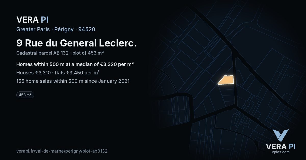 9 Rue du General Leclerc, Périgny at night – the plot lit, the parcels around coloured by the prices near them