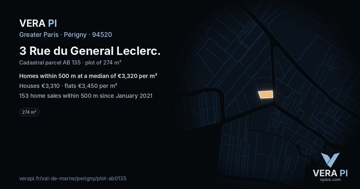 3 Rue du General Leclerc, Périgny at night – the plot lit, the parcels around coloured by the prices near them
