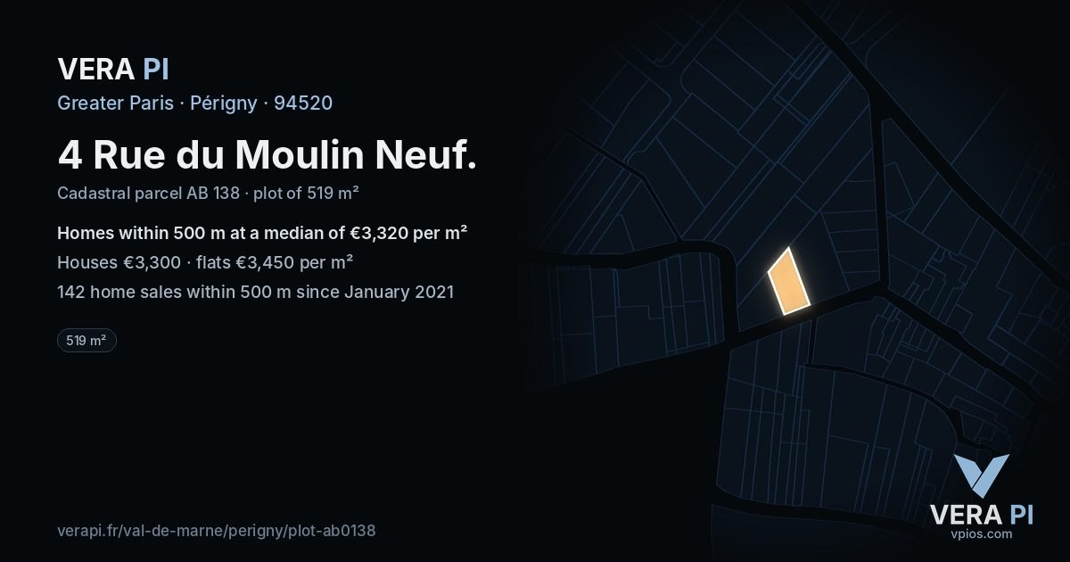4 Rue du Moulin Neuf, Périgny at night – the plot lit, the parcels around coloured by the prices near them