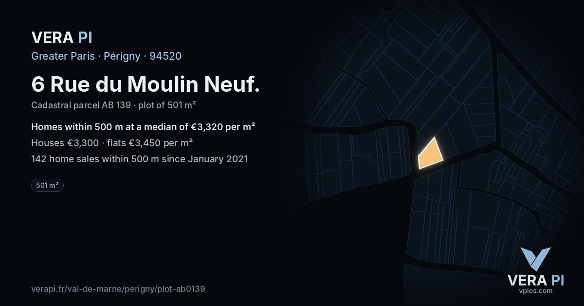 6 Rue du Moulin Neuf, Périgny at night – the plot lit, the parcels around coloured by the prices near them