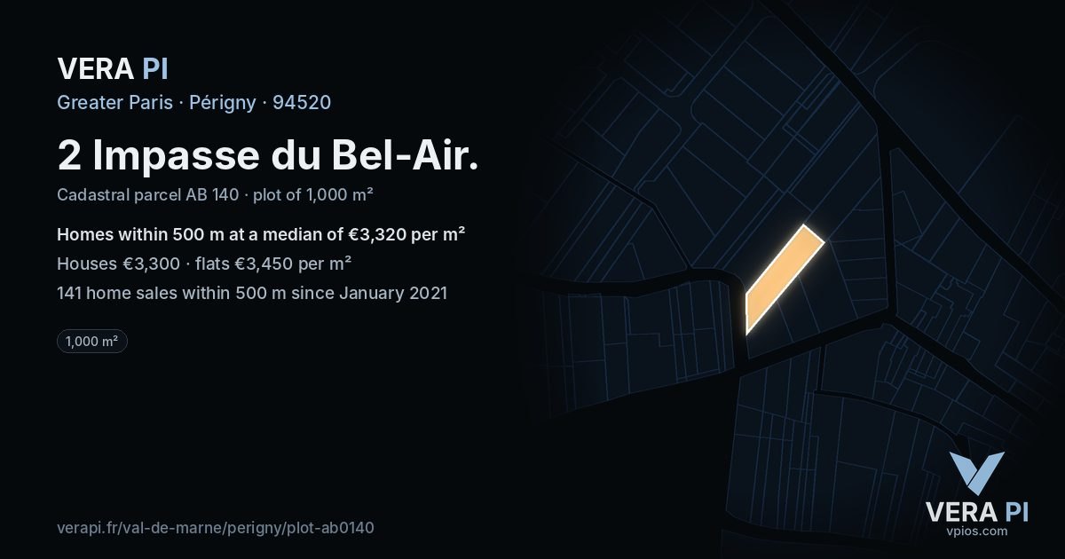 2 Impasse du Bel-Air, Périgny at night – the plot lit, the parcels around coloured by the prices near them
