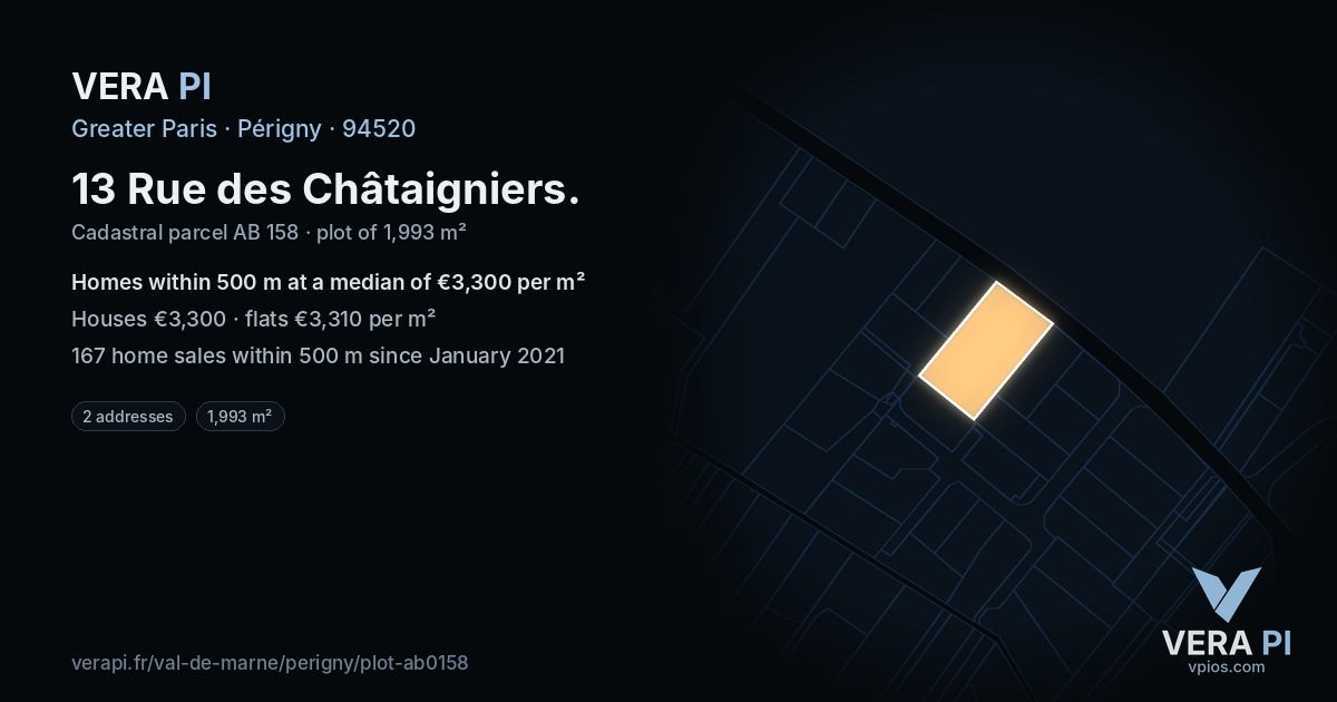 13 Rue des Châtaigniers, Périgny at night – the plot lit, the parcels around coloured by the prices near them