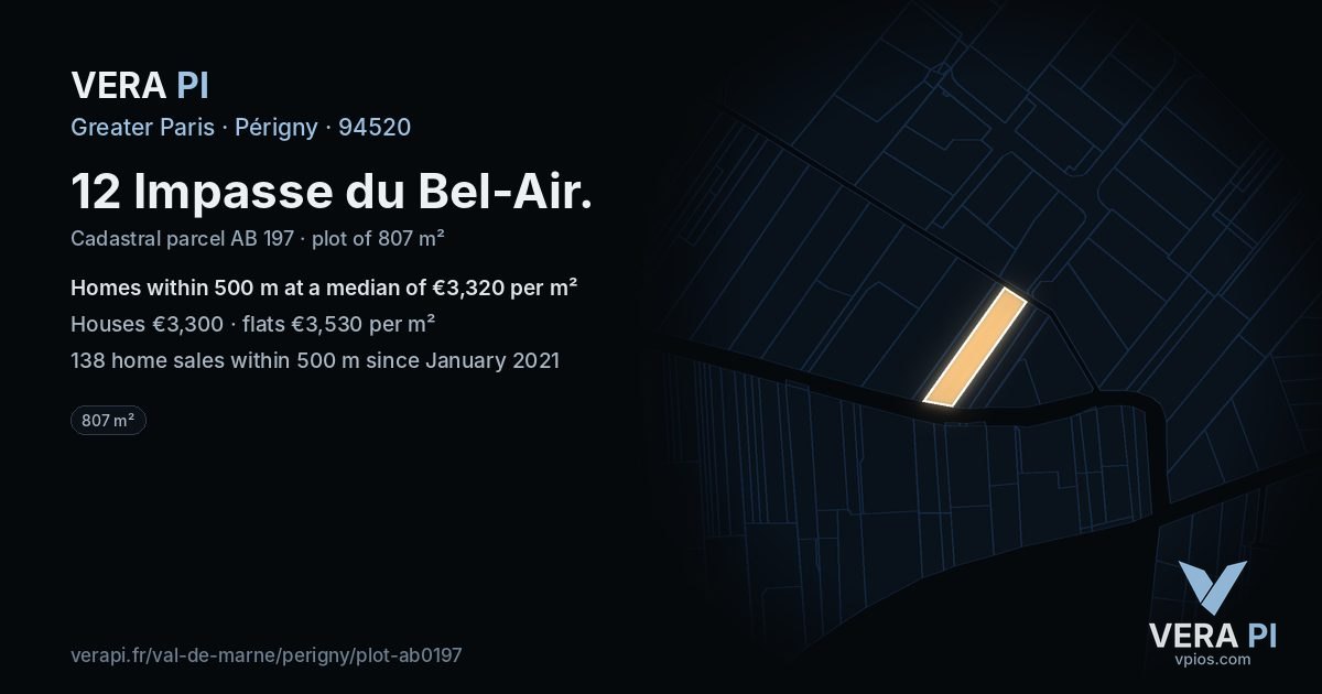 12 Impasse du Bel-Air, Périgny at night – the plot lit, the parcels around coloured by the prices near them