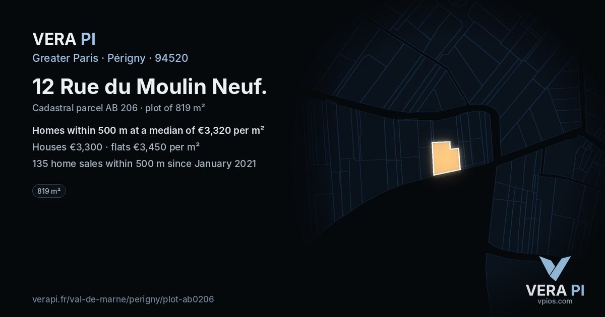 12 Rue du Moulin Neuf, Périgny at night – the plot lit, the parcels around coloured by the prices near them