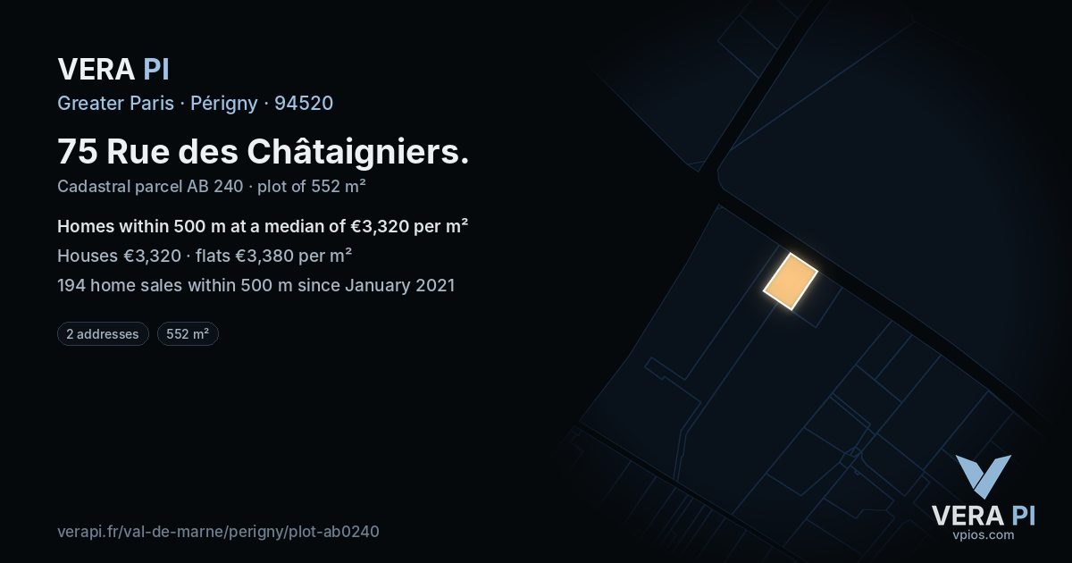 75 Rue des Châtaigniers, Périgny at night – the plot lit, the parcels around coloured by the prices near them