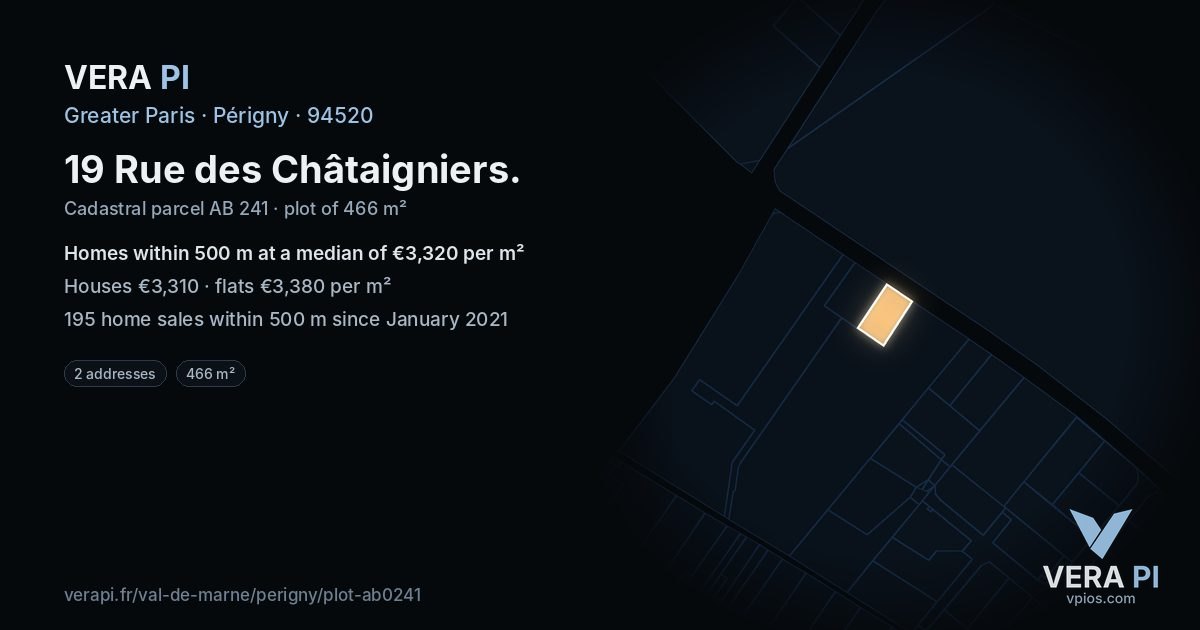 19 Rue des Châtaigniers, Périgny at night – the plot lit, the parcels around coloured by the prices near them