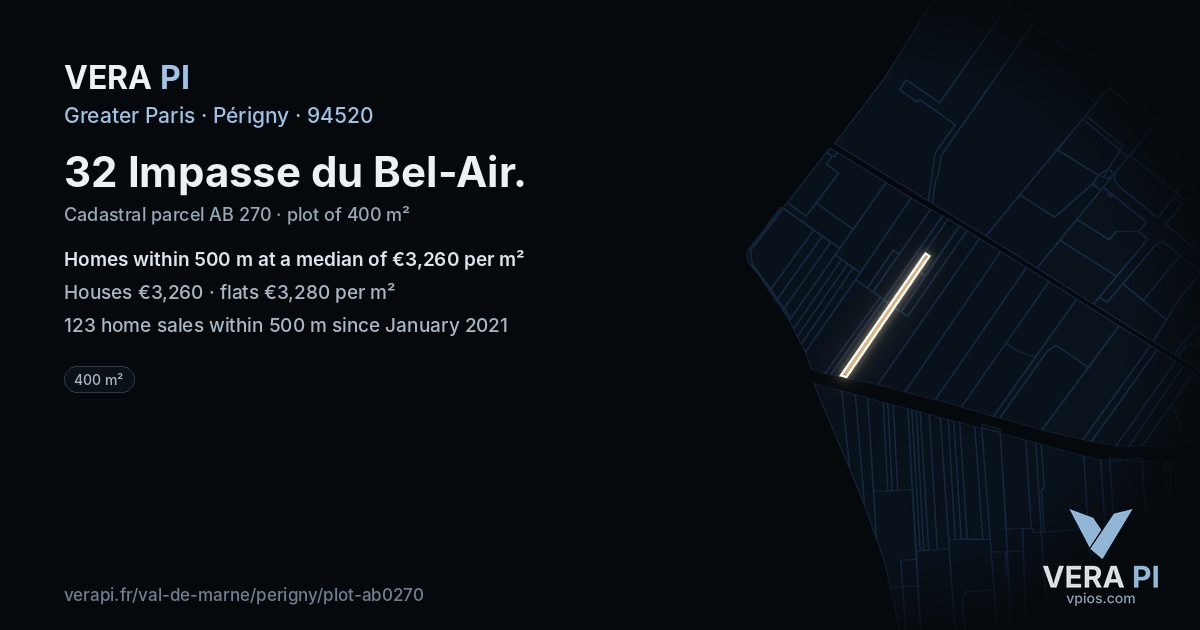 32 Impasse du Bel-Air, Périgny at night – the plot lit, the parcels around coloured by the prices near them