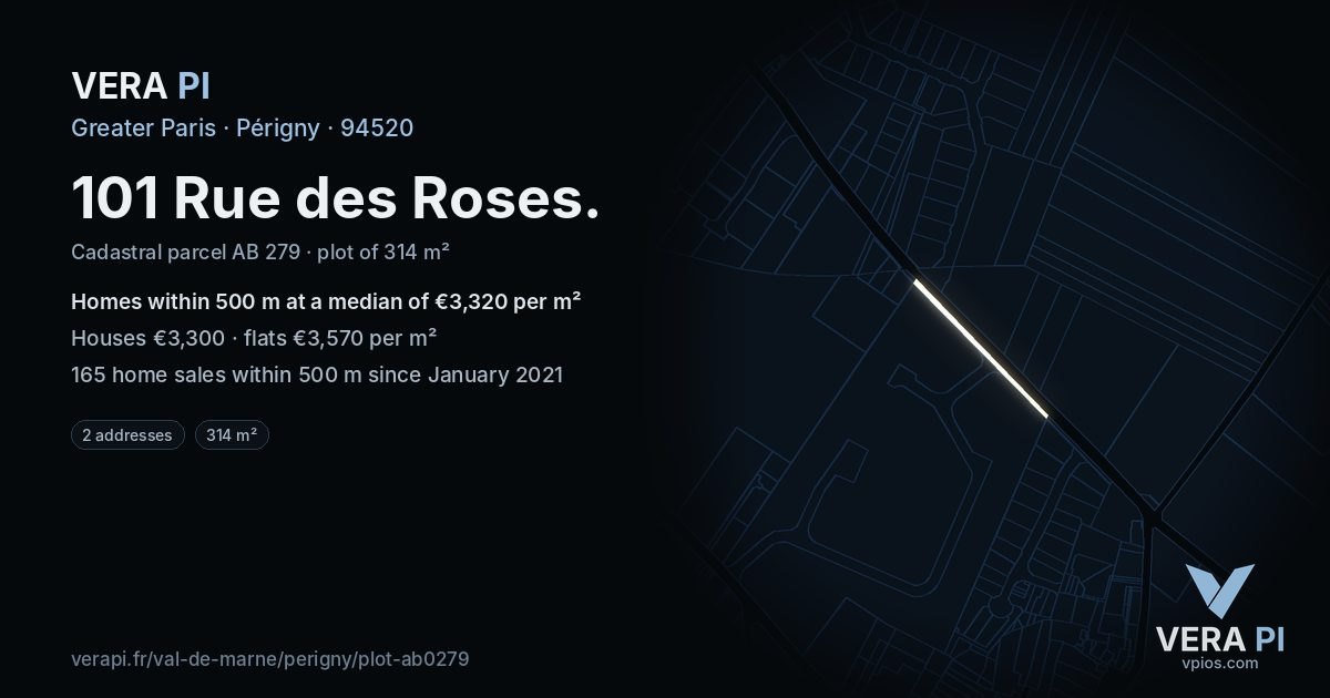 101 Rue des Roses, Périgny at night – the plot lit, the parcels around coloured by the prices near them