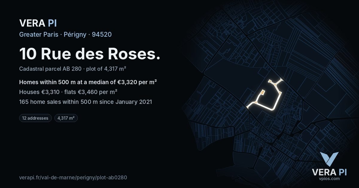 10 Rue des Roses, Périgny at night – the plot lit, the parcels around coloured by the prices near them