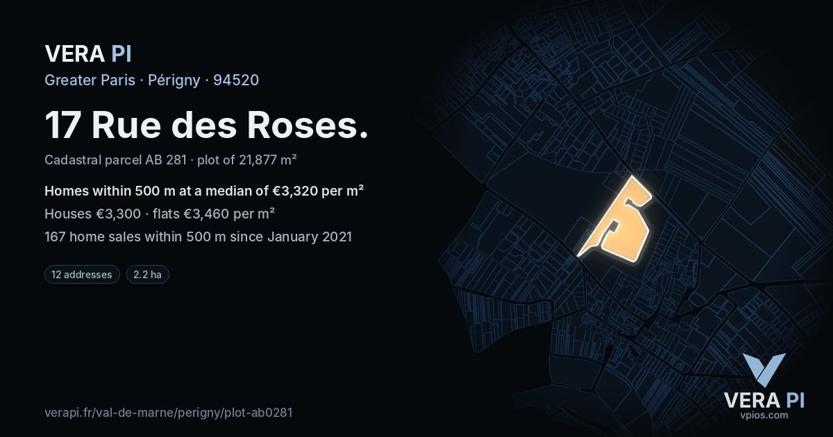 17 Rue des Roses, Périgny at night – the plot lit, the parcels around coloured by the prices near them