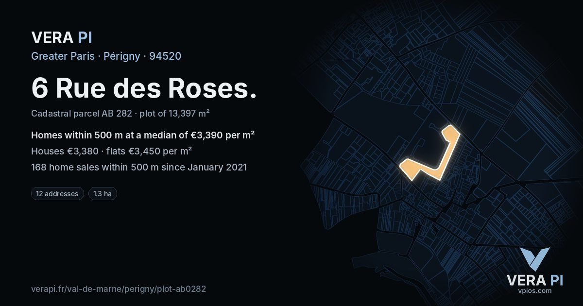 6 Rue des Roses, Périgny at night – the plot lit, the parcels around coloured by the prices near them