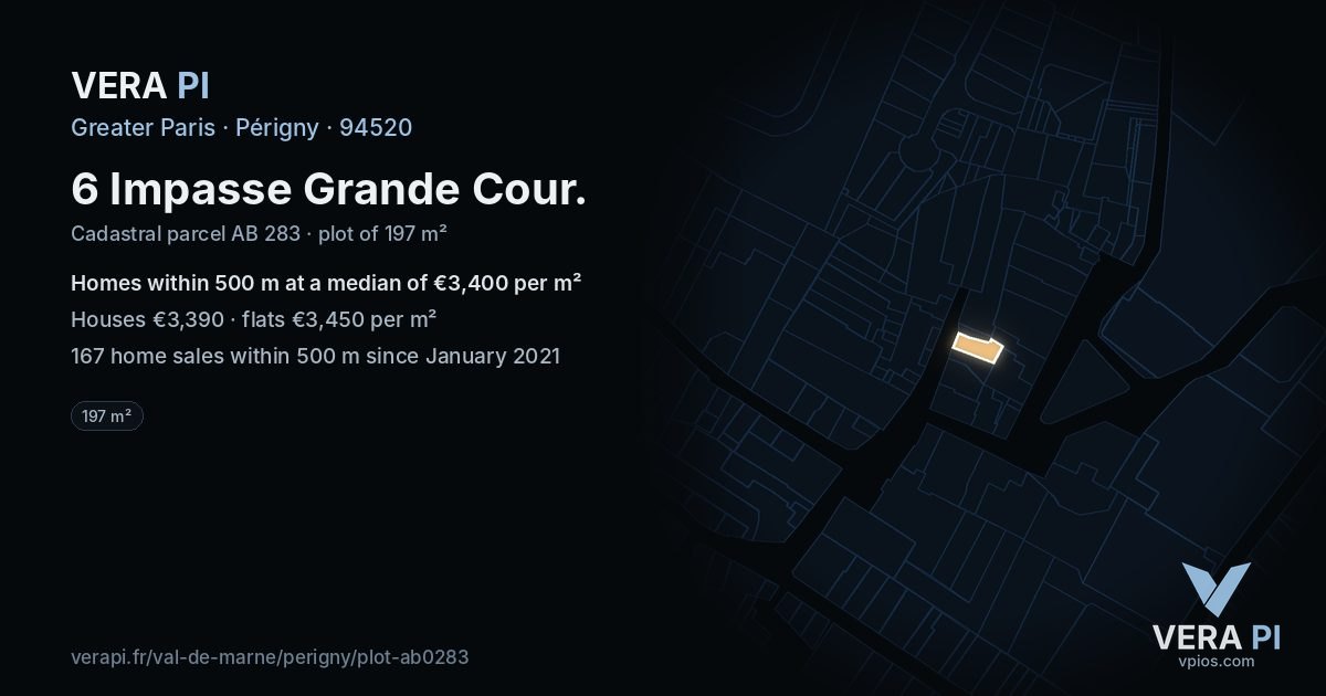 6 Impasse Grande Cour, Périgny at night – the plot lit, the parcels around coloured by the prices near them