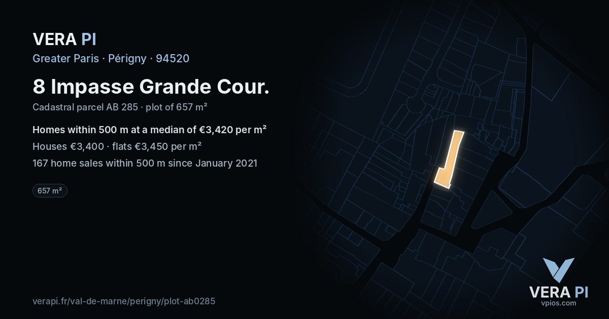 8 Impasse Grande Cour, Périgny at night – the plot lit, the parcels around coloured by the prices near them