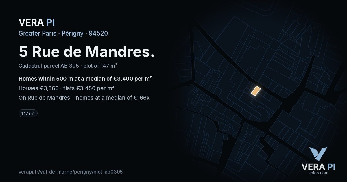 5 Rue de Mandres, Périgny at night – the plot lit, the parcels around coloured by the prices near them