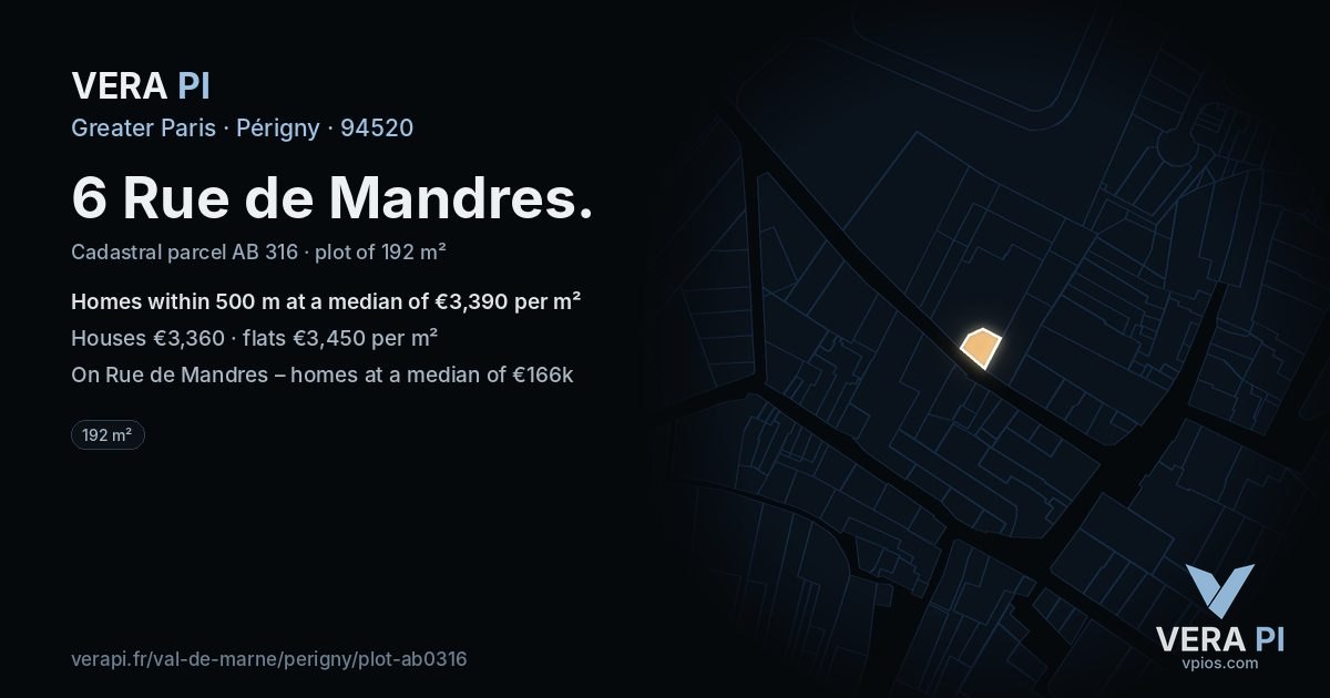 6 Rue de Mandres, Périgny at night – the plot lit, the parcels around coloured by the prices near them